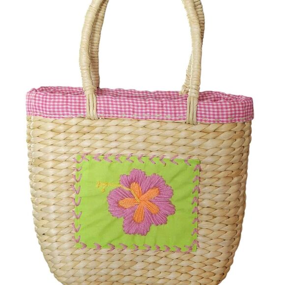 Girl's Pottery Barn Kids Wicker Woven Straw Handbag w/ Woven Wheel Stitch Flower - Picture 1 of 7